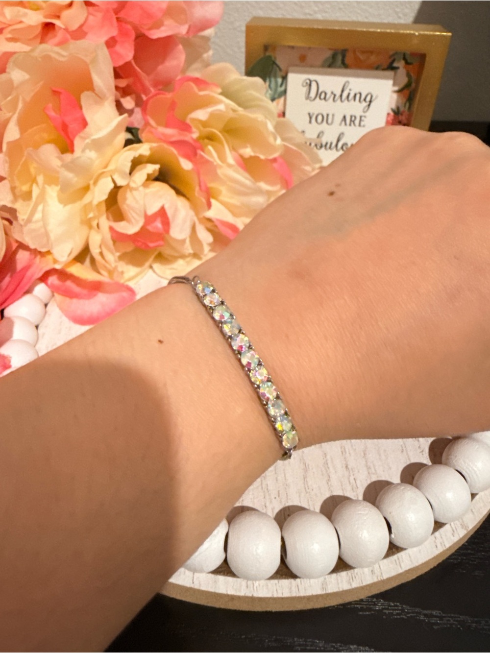 Silver Tone Adjustable AB Crystal Tennis Bracelet Iridescent Rhinestone
